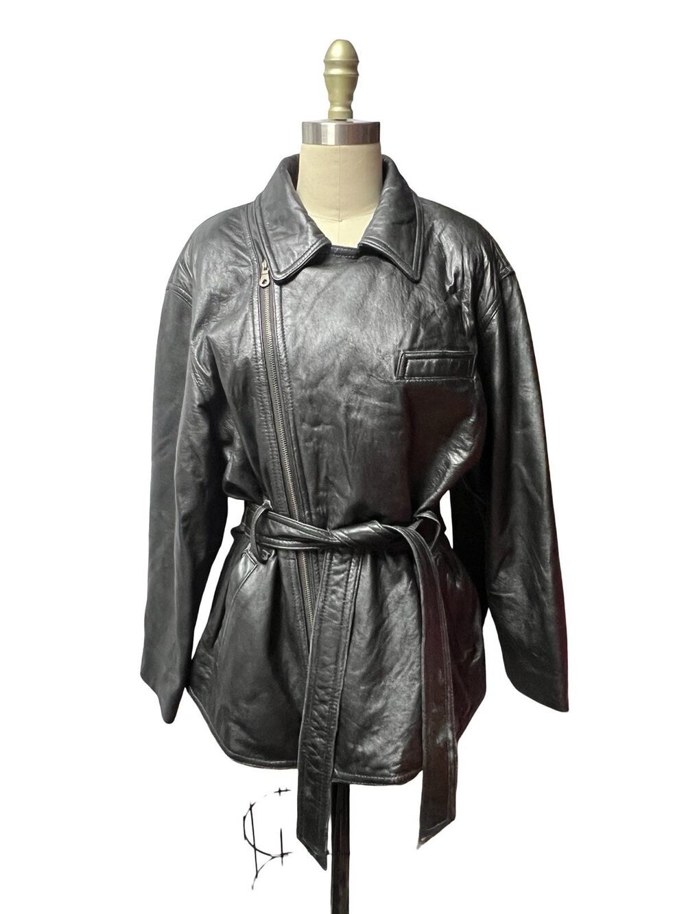 Vtg 90s Siena Studio Black Leather Oversized Belted Jacket SZ M